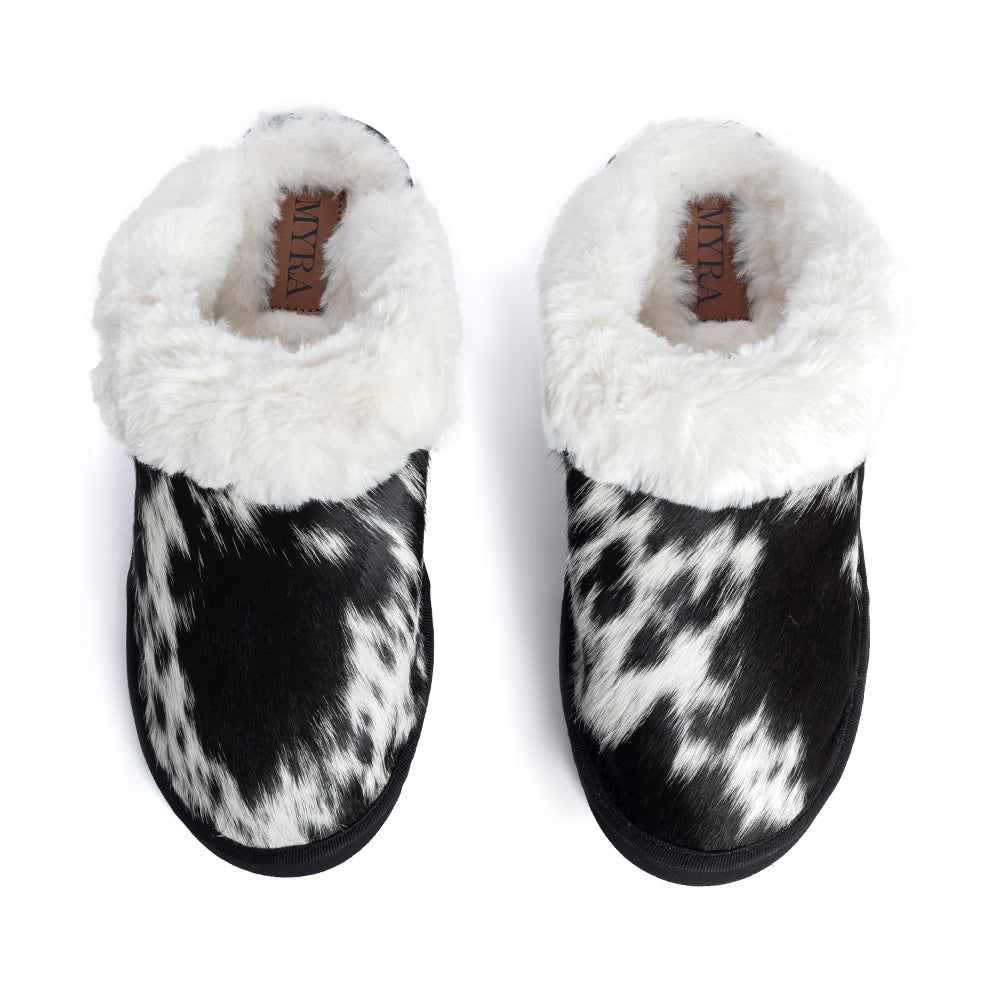 Myra Alamosa Shadow Fur-Lined Hairon Leather Slippers for Women â€“ Winter Indoor Comfort, Soft Sole, Western Style