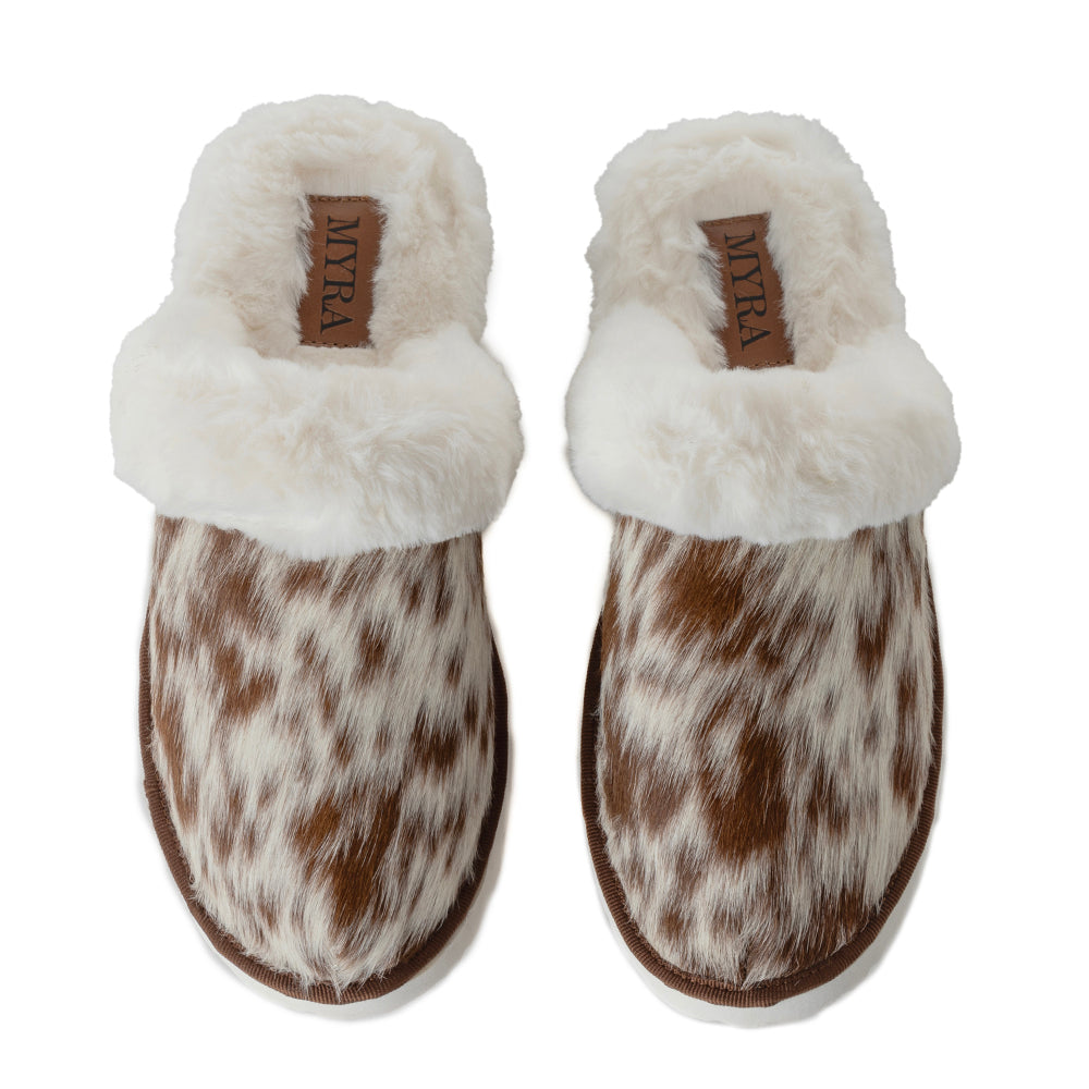 Myra Alamosa Tan Fur-Lined Hairon Leather Slippers for Women Winter Indoor Comfort, Soft Sole, Western Style