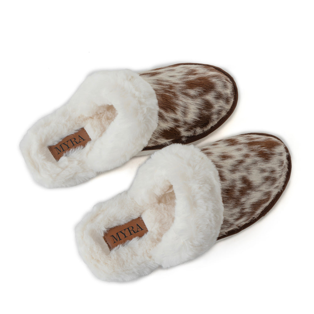 Myra Alamosa Tan Fur-Lined Hairon Leather Slippers for Women Winter Indoor Comfort, Soft Sole, Western Style