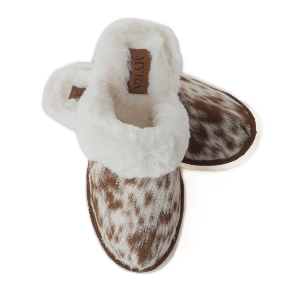 Myra Alamosa Tan Fur-Lined Hairon Leather Slippers for Women Winter Indoor Comfort, Soft Sole, Western Style