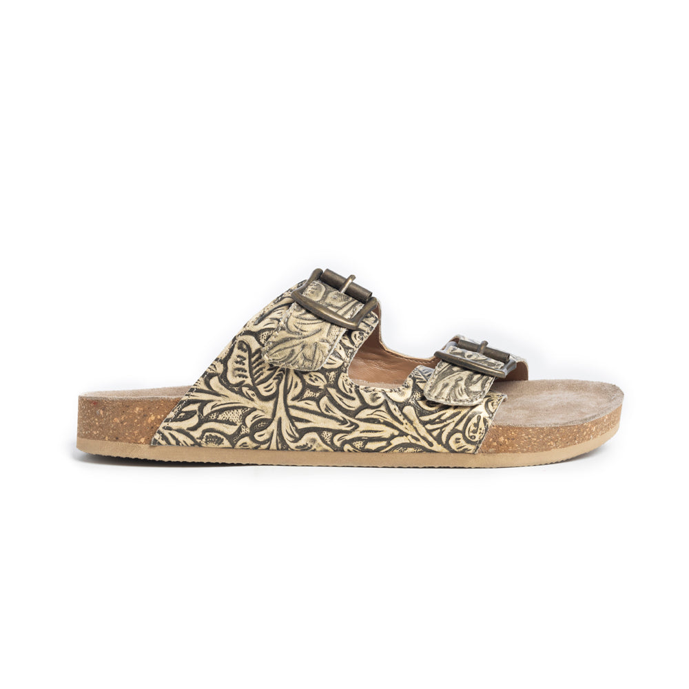 Myra Rio Amarillo Embossed Leather Sandals for Women in Beige â€“ Dual Buckle Design, Cork Sole Comfort, Western Slip-on