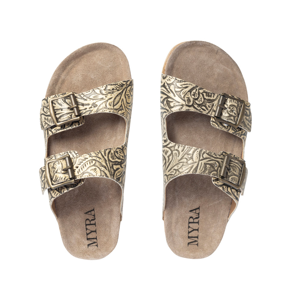 Myra Rio Amarillo Embossed Leather Sandals for Women in Beige â€“ Dual Buckle Design, Cork Sole Comfort, Western Slip-on