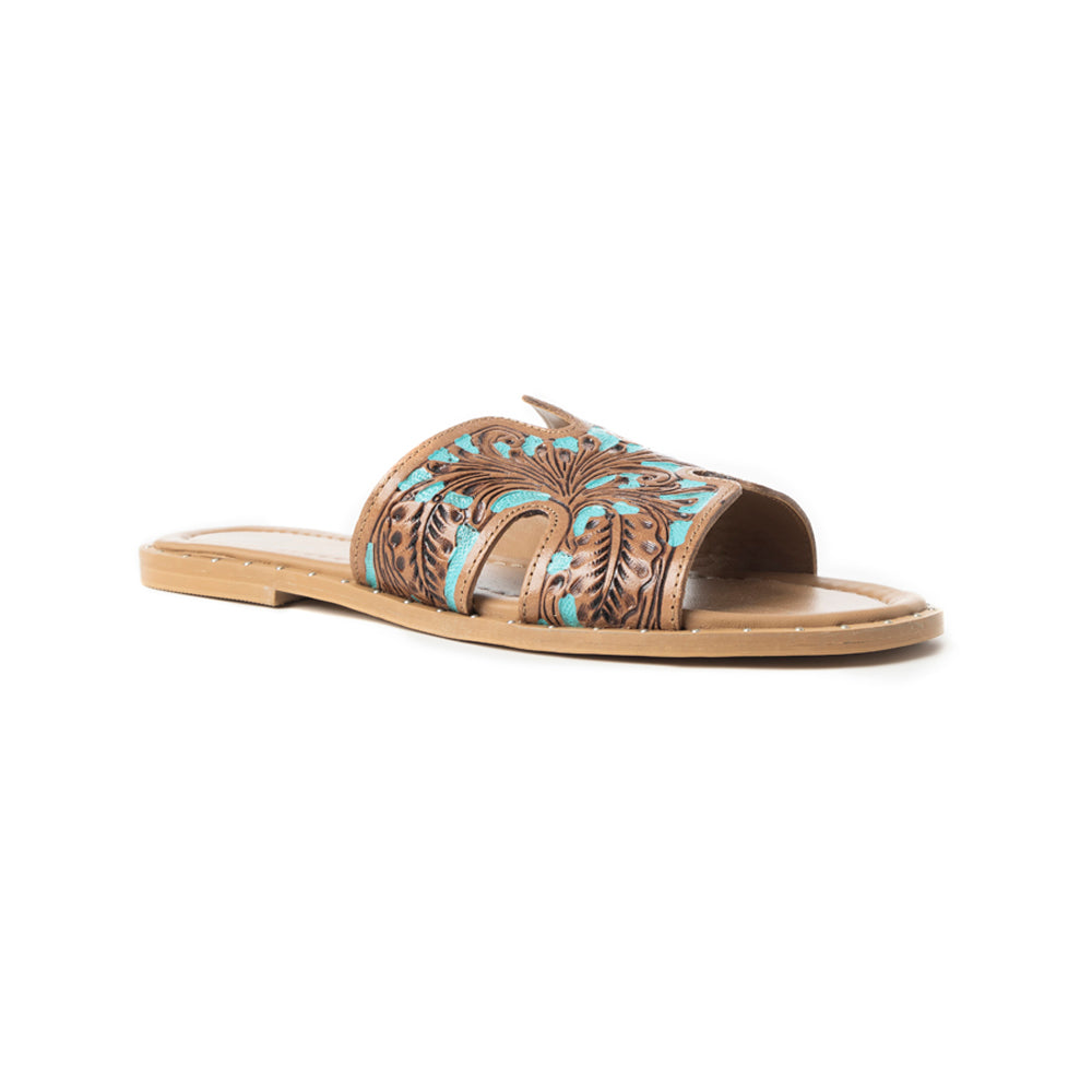Myra Carmina Blue Embossed Leather Slip-On Sandals for Women â€“ Western H-Cut Slides with Studded Trim