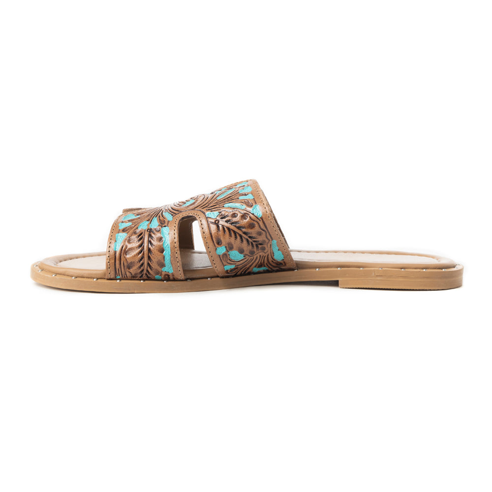 Myra Carmina Blue Embossed Leather Slip-On Sandals for Women â€“ Western H-Cut Slides with Studded Trim