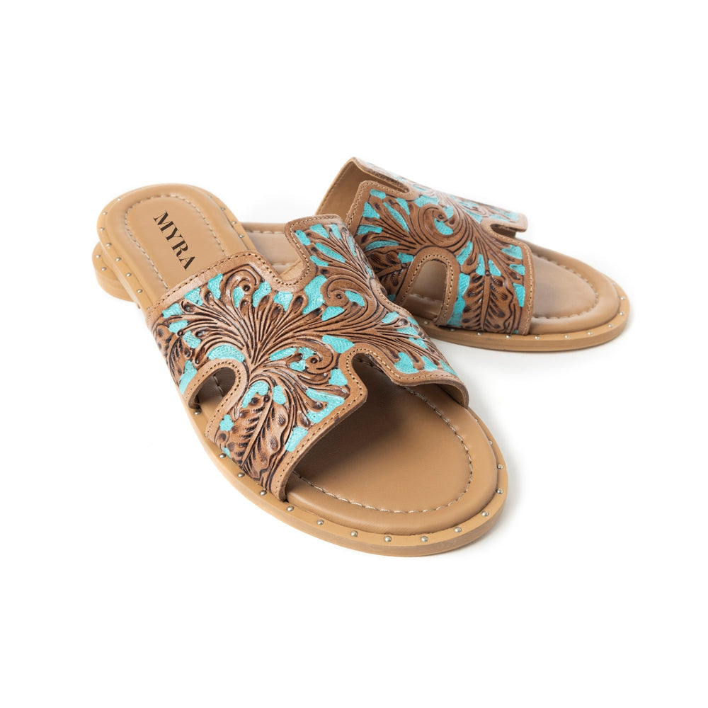 Myra Carmina Blue Embossed Leather Slip-On Sandals for Women â€“ Western H-Cut Slides with Studded Trim