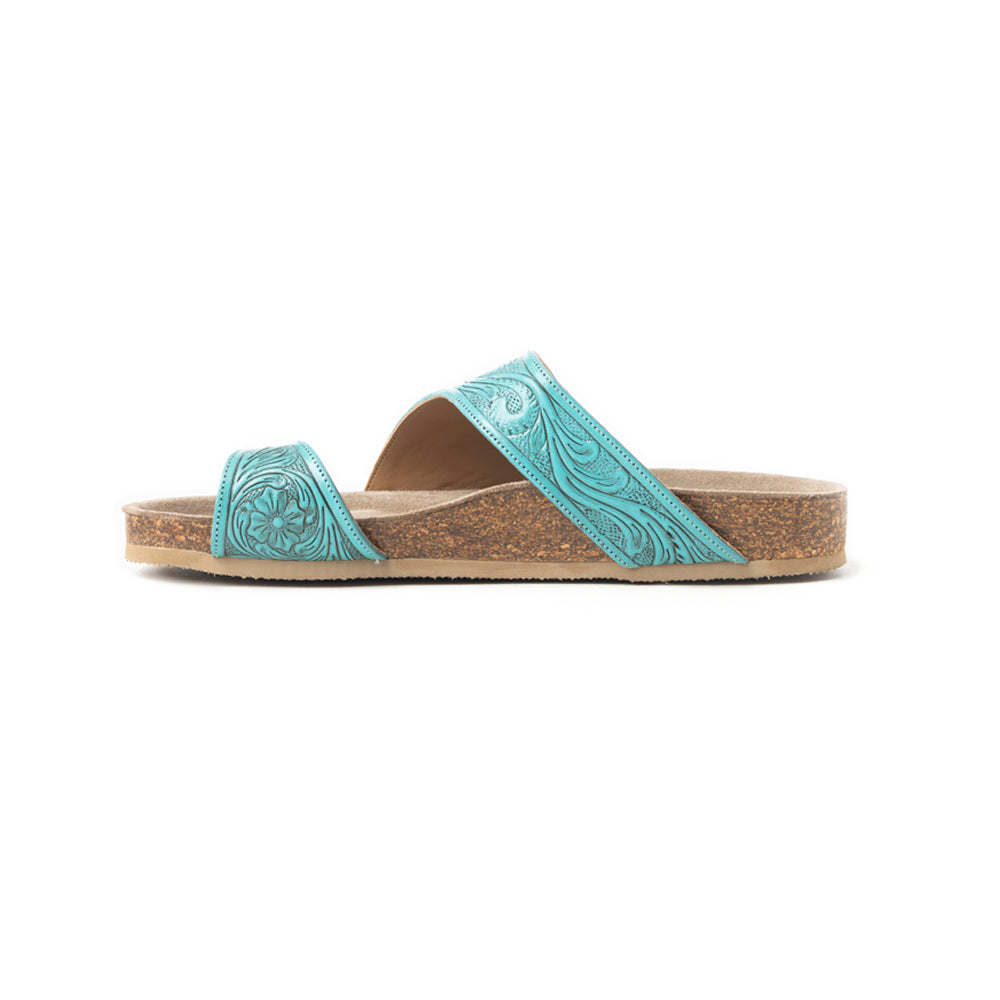 Myra Eastward Winds Embossed Leather Sandals for Women – Asymmetrical Strap, Cork-Finish Sole & Toe Loop for Desert Chic Appeal