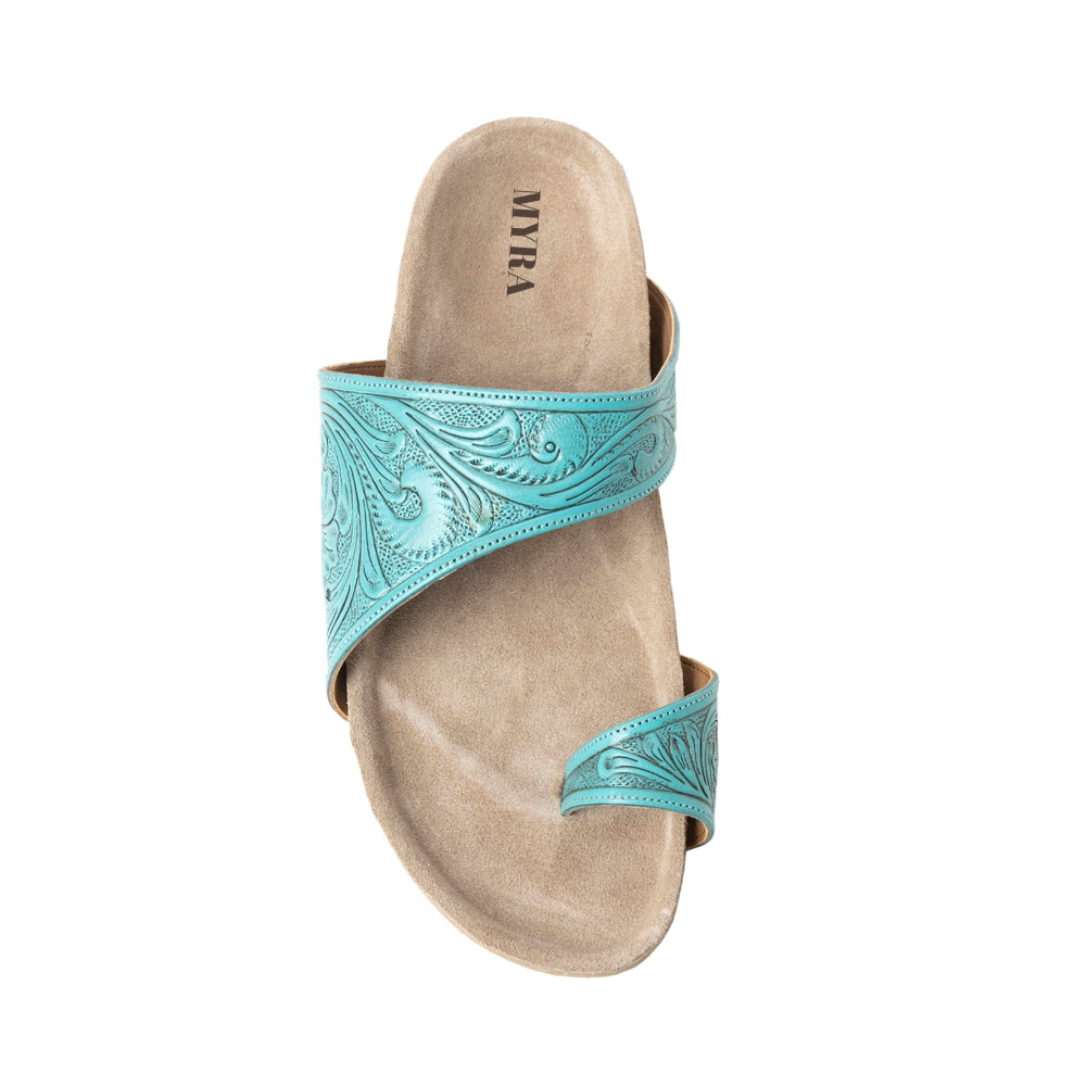Myra Eastward Winds Embossed Leather Sandals for Women – Asymmetrical Strap, Cork-Finish Sole & Toe Loop for Desert Chic Appeal