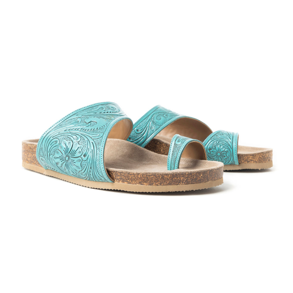 Myra Eastward Winds Embossed Leather Sandals for Women – Asymmetrical Strap, Cork-Finish Sole & Toe Loop for Desert Chic Appeal