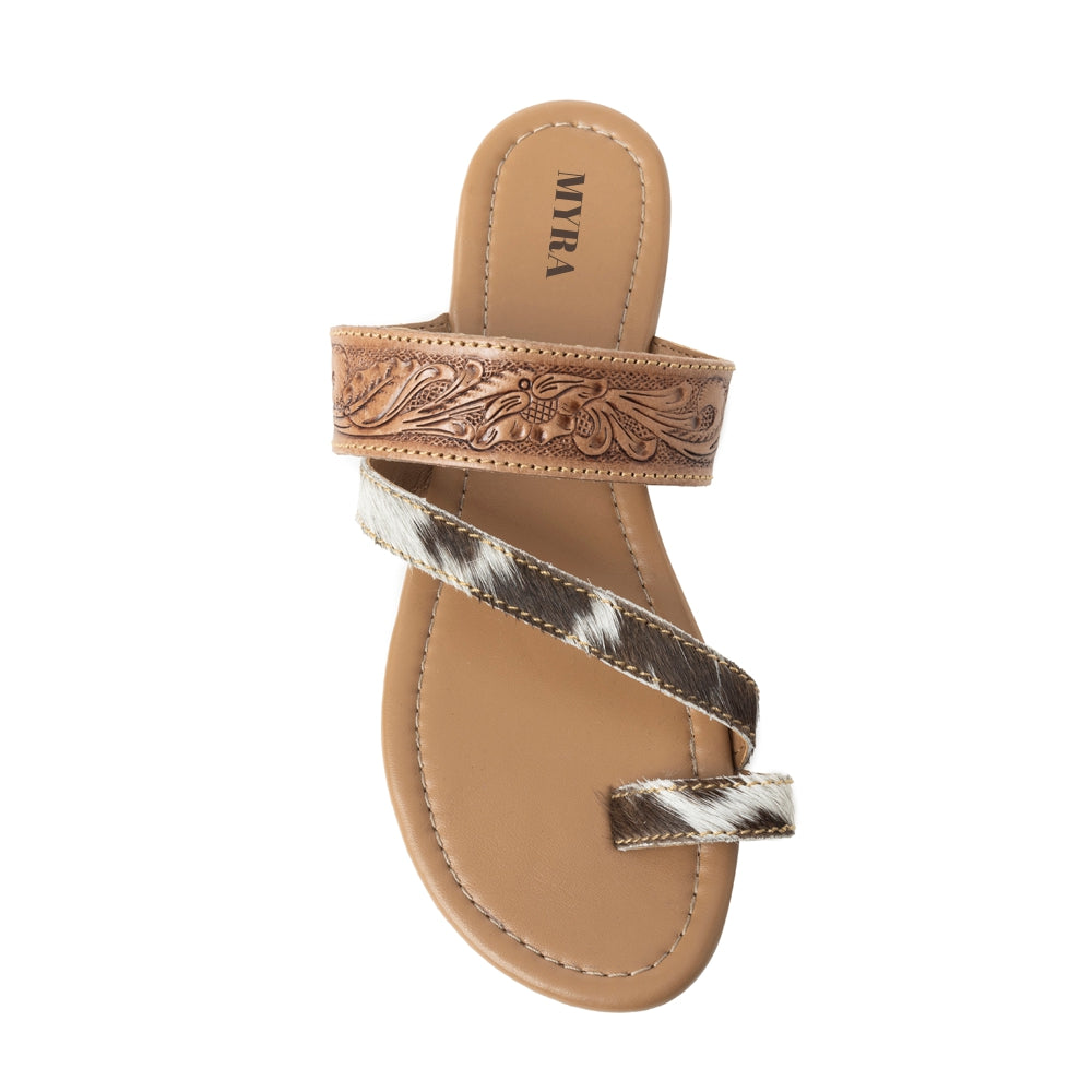 Myra LaDonna Trail Handtooled Sandals for Women â€“ Dark Brown Western Hairon Slip-Ons for Ranch Days & Rodeo Nights