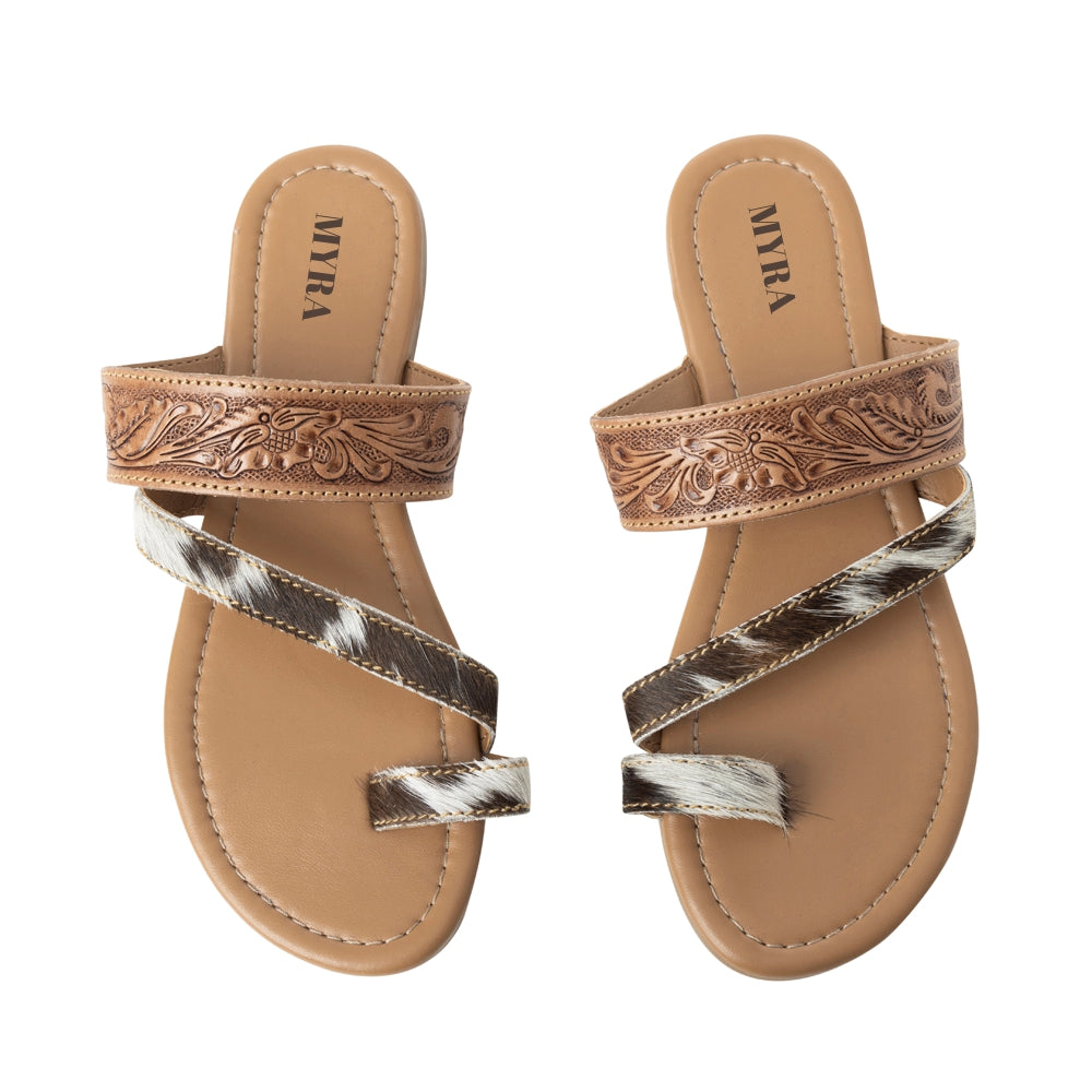 Myra LaDonna Trail Handtooled Sandals for Women â€“ Dark Brown Western Hairon Slip-Ons for Ranch Days & Rodeo Nights