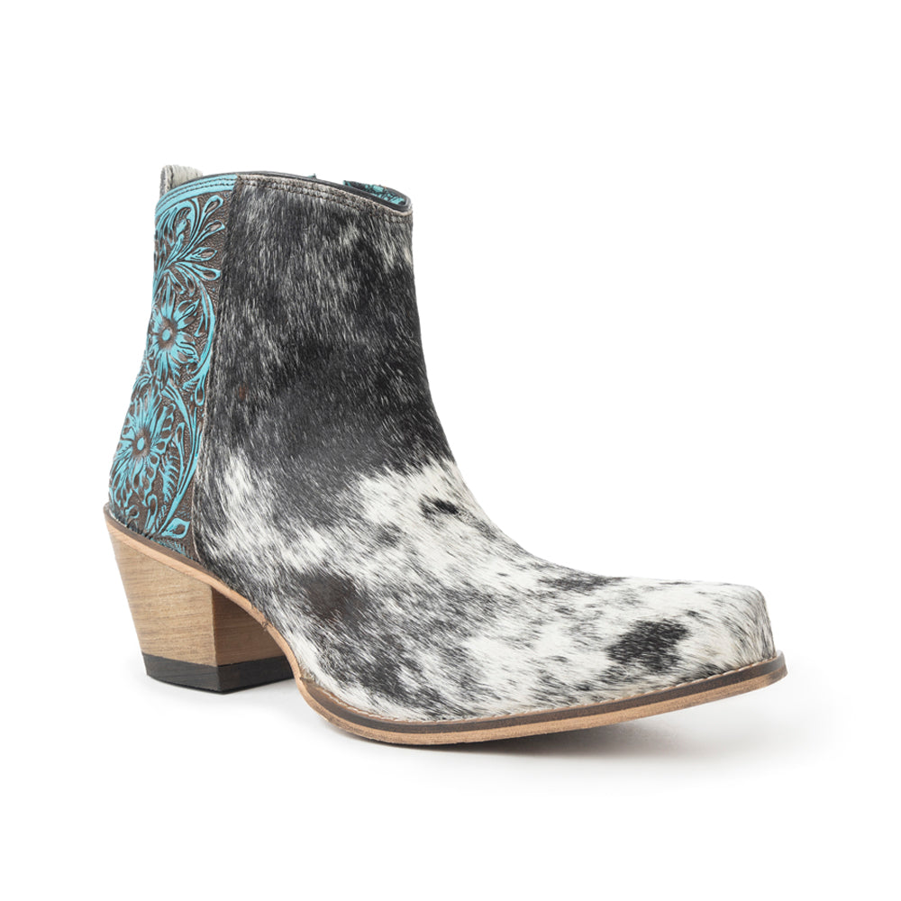 Myra Reyna Ridge Hairon Leather Booties Teal Handtooled Detail, Square Toe, Country Cowgirl Style