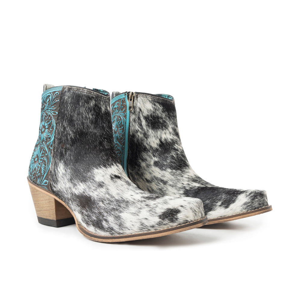 Myra Reyna Ridge Hairon Leather Booties Teal Handtooled Detail, Square Toe, Country Cowgirl Style