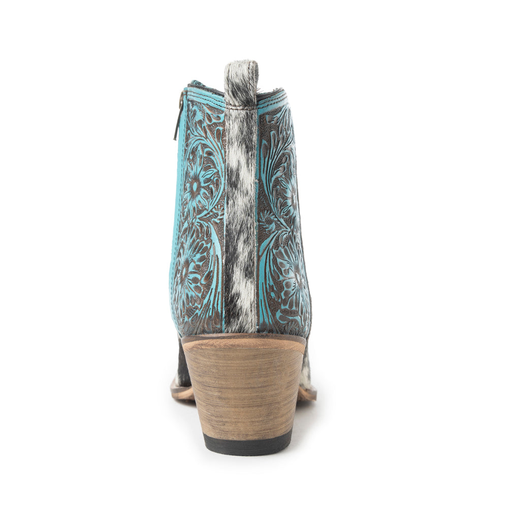 Myra Reyna Ridge Hairon Leather Booties Teal Handtooled Detail, Square Toe, Country Cowgirl Style