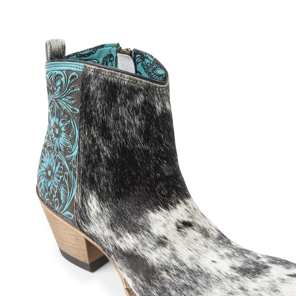Myra Reyna Ridge Hairon Leather Booties Teal Handtooled Detail, Square Toe, Country Cowgirl Style