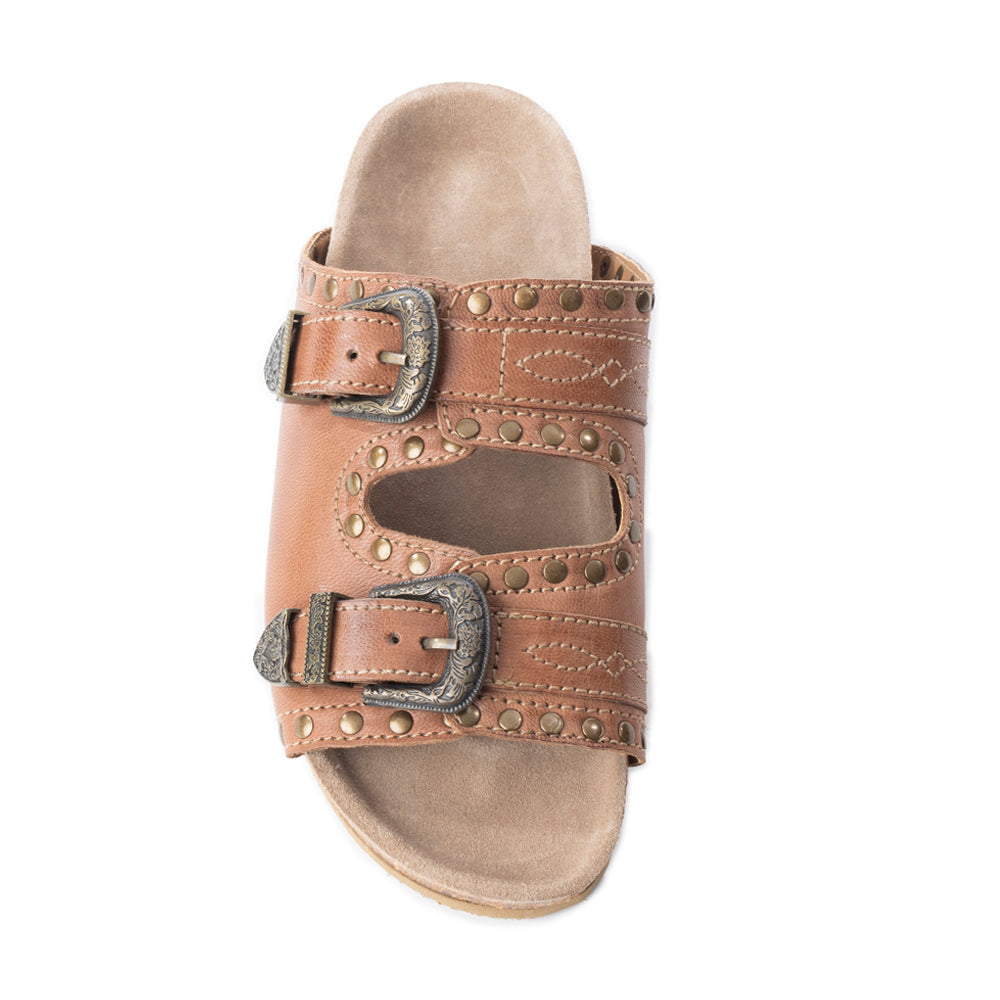 Myra Great Sonora Sunset Studded Leather Sandals for Women – Cork Sole, Antique Brass Dual Buckles for All-Day Comfort