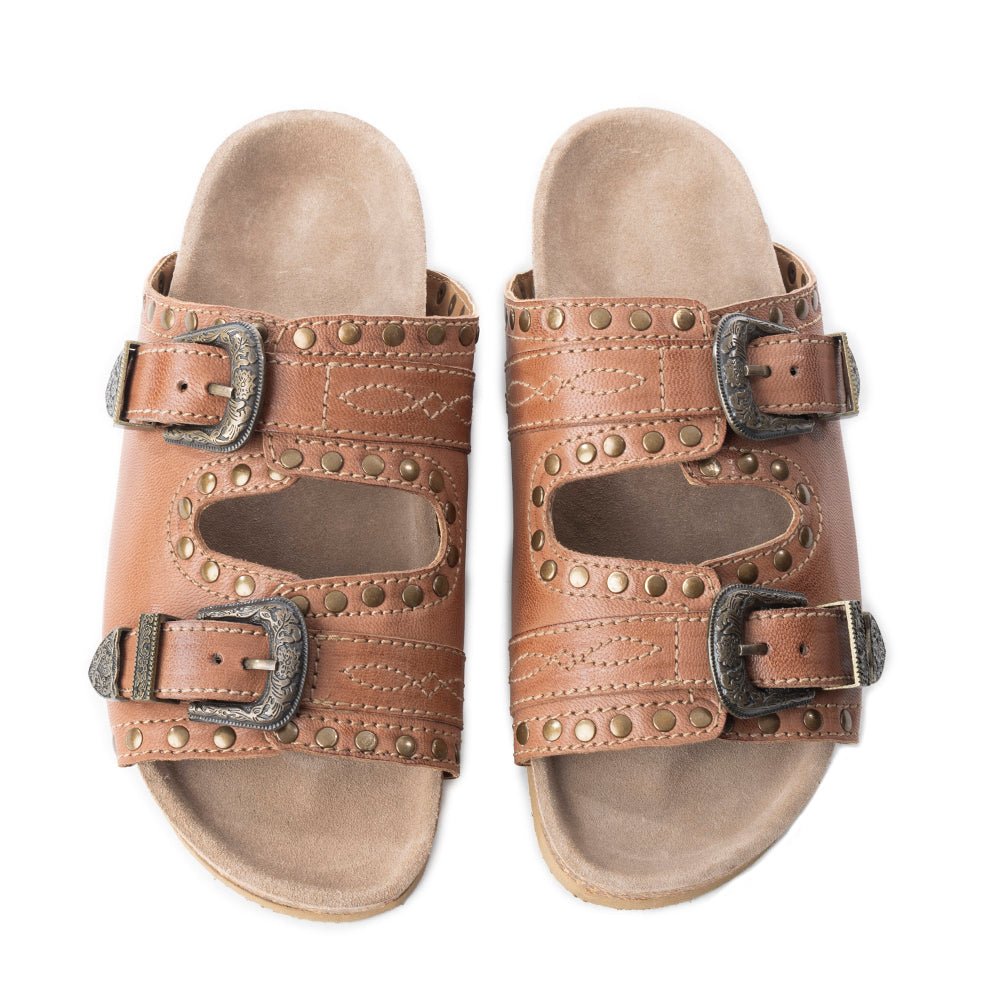 Myra Great Sonora Sunset Studded Leather Sandals for Women – Cork Sole, Antique Brass Dual Buckles for All-Day Comfort