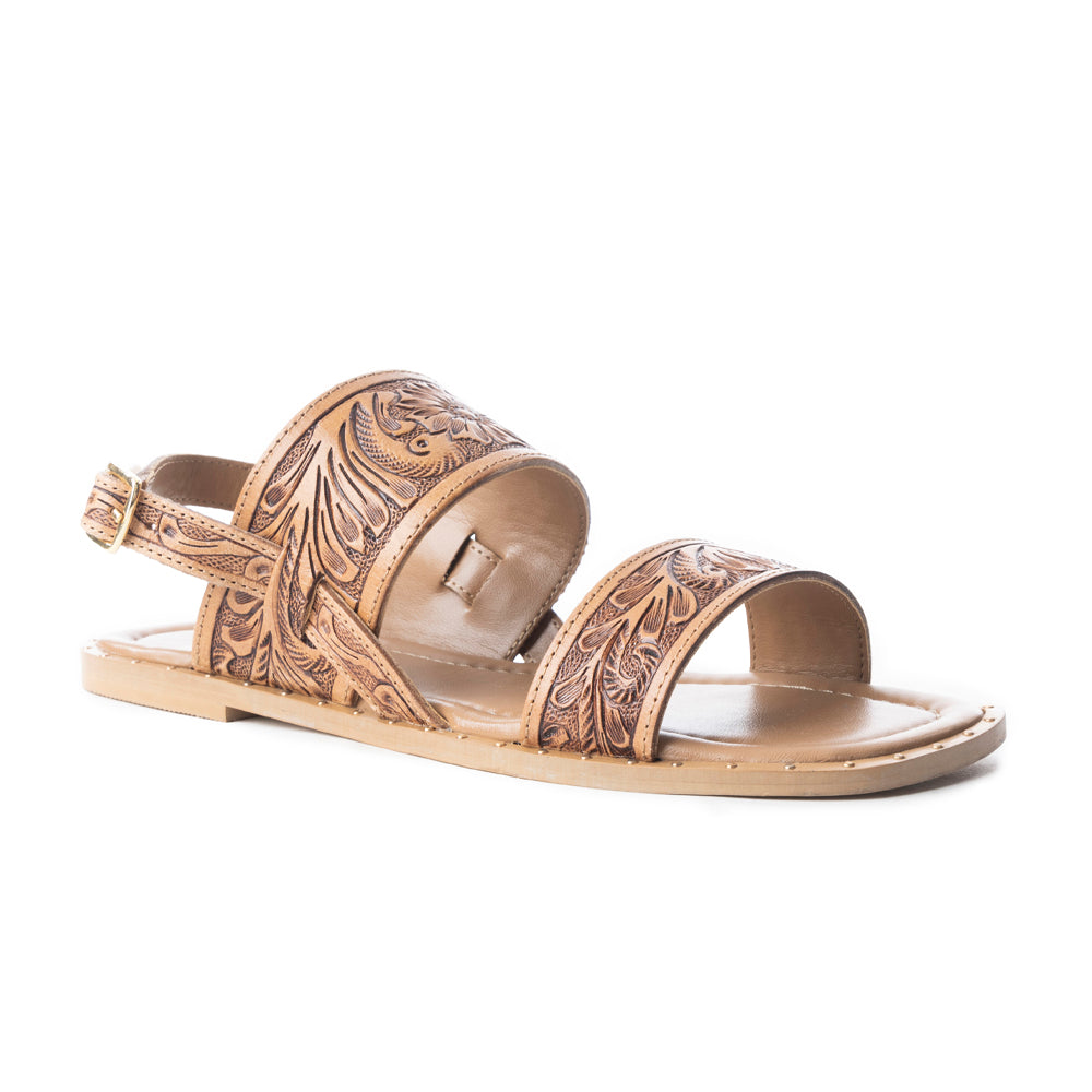 Myra Wildflower Wanderer Handtooled Leather Sandals for Women â€“ Ankle Buckle Strap, Western Floral Carving, Everyday Comfort