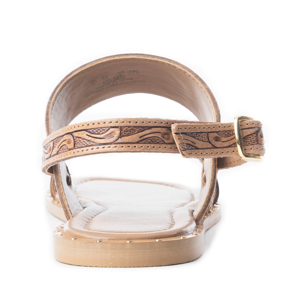 Myra Wildflower Wanderer Handtooled Leather Sandals for Women â€“ Ankle Buckle Strap, Western Floral Carving, Everyday Comfort