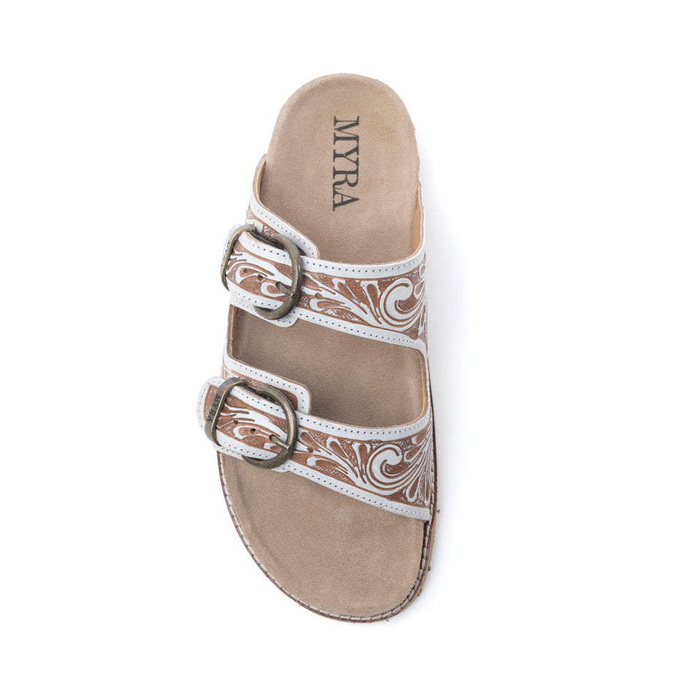 Myra Marlowe Western Handtooled Leather Sandals in Ivory Bloom