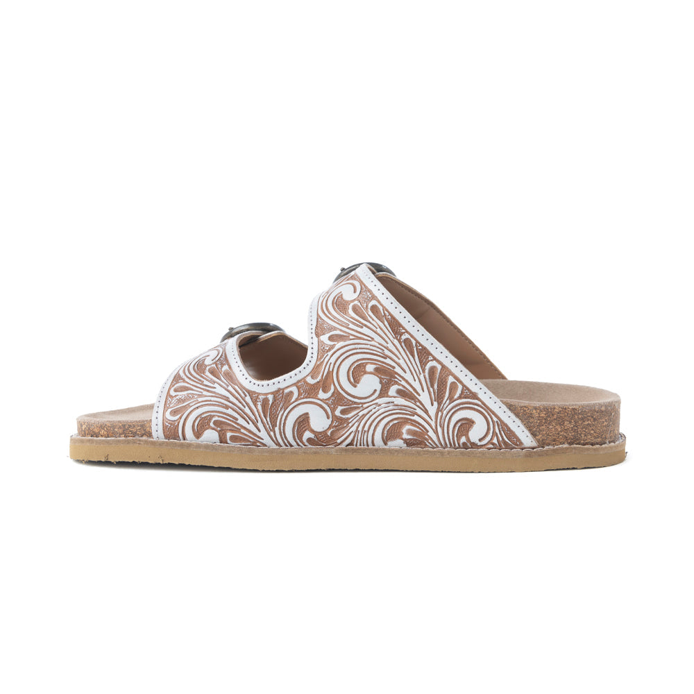 Myra Marlowe Western Handtooled Leather Sandals in Ivory Bloom