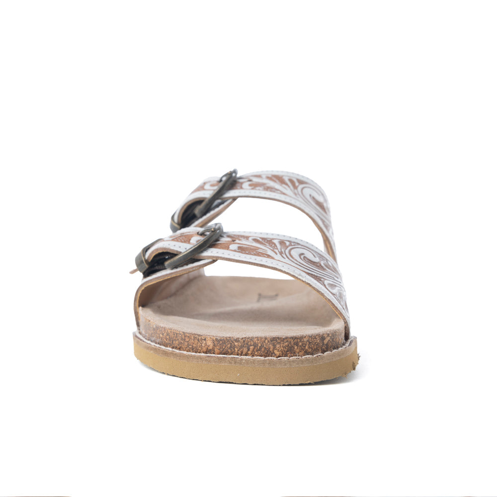Myra Marlowe Western Handtooled Leather Sandals in Ivory Bloom