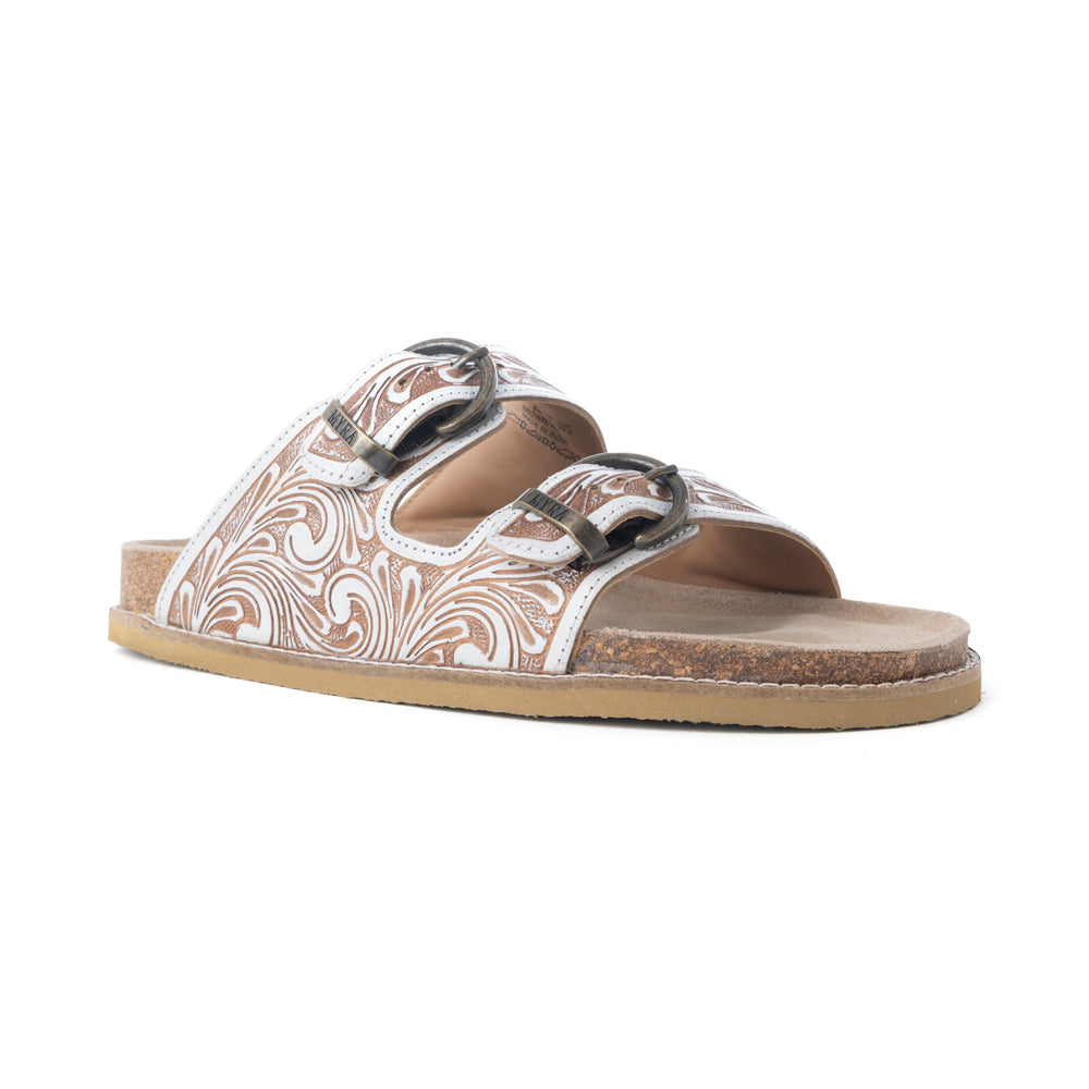 Myra Marlowe Western Handtooled Leather Sandals in Ivory Bloom