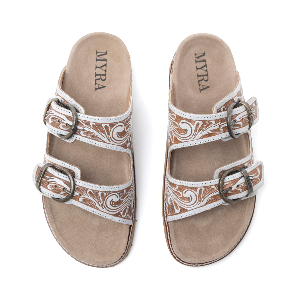Myra Marlowe Western Handtooled Leather Sandals in Ivory Bloom