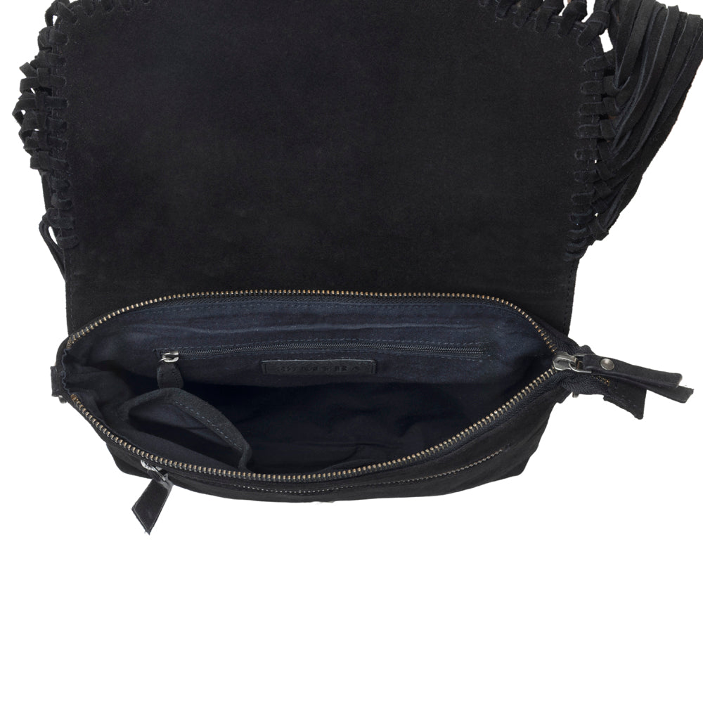 Myra Lucky Charm Leather Bag for Women in black with fringe and horseshoe detail