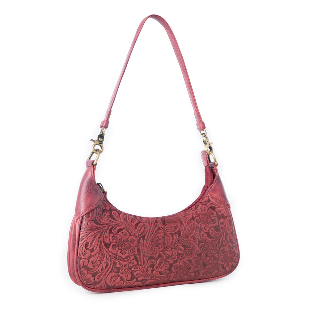 Myra Heritage Vine Embossed Leather Bag for Women in Red with shoulder strap