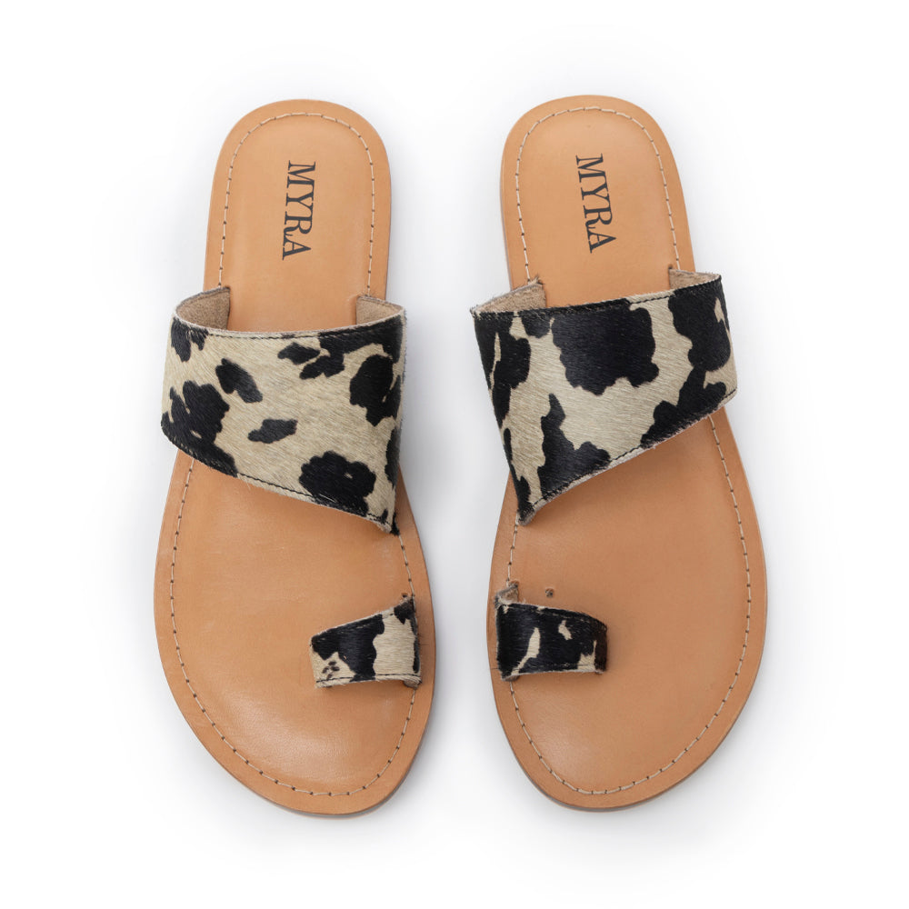 Myra Cattle Trail Hairon Leather Sandals in Ivory Cowhide