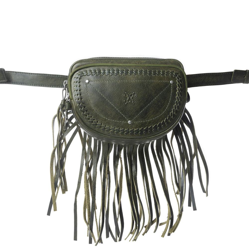 Myra Zidana Stormy Trails Fringed Veg Tanned Leather Bag in Dusty Pine