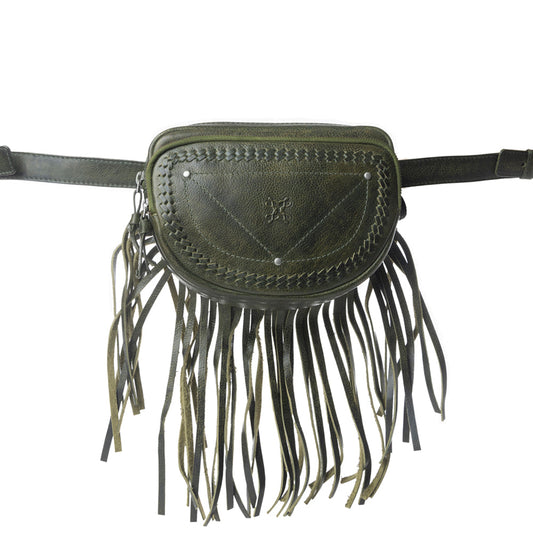 Myra Zidana Stormy Trails Fringed Veg Tanned Leather Bag in Dusty Pine