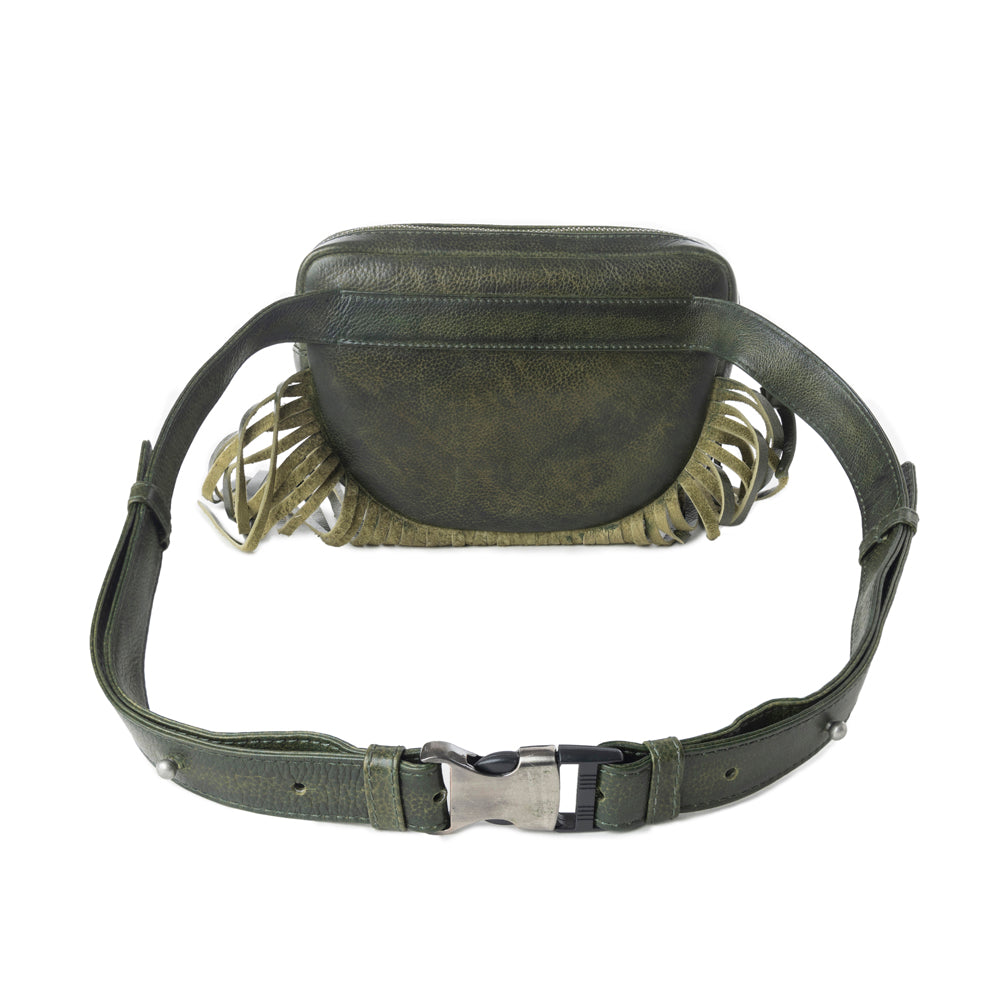 Myra Zidana Stormy Trails Fringed Veg Tanned Leather Bag in Dusty Pine