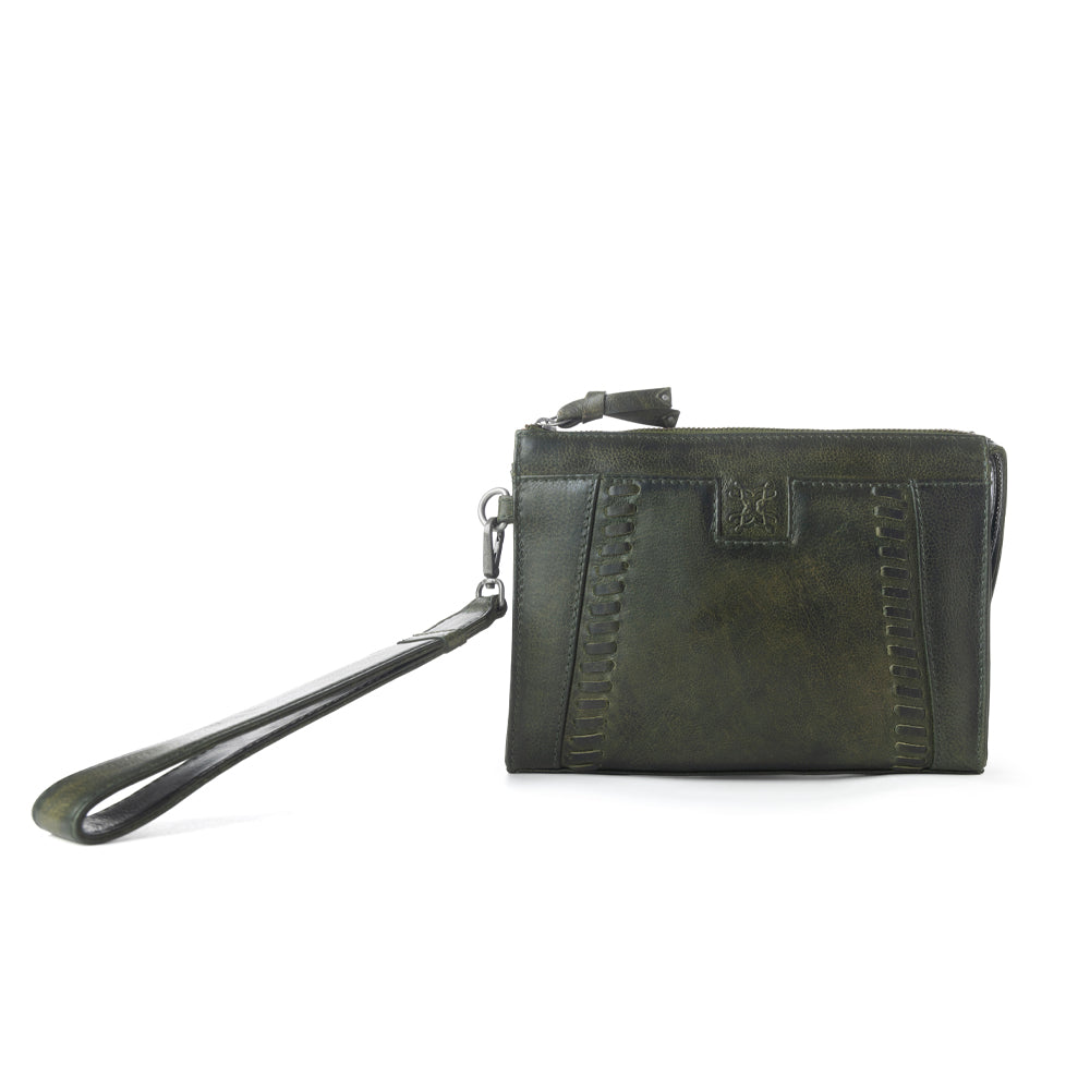 Myra Zidana Bandera Ridge Veg Tanned Leather Wristlet in Desert Pine
