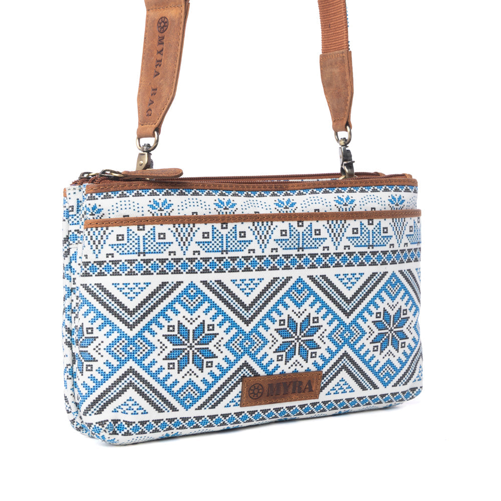Myra Tribal Hollow Cotton & Leather Crossbody Bag in Indigo Frost