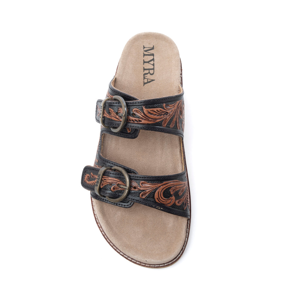 Myra Canyon Ember Handtooled Leather Sandals in Bronzed Brown