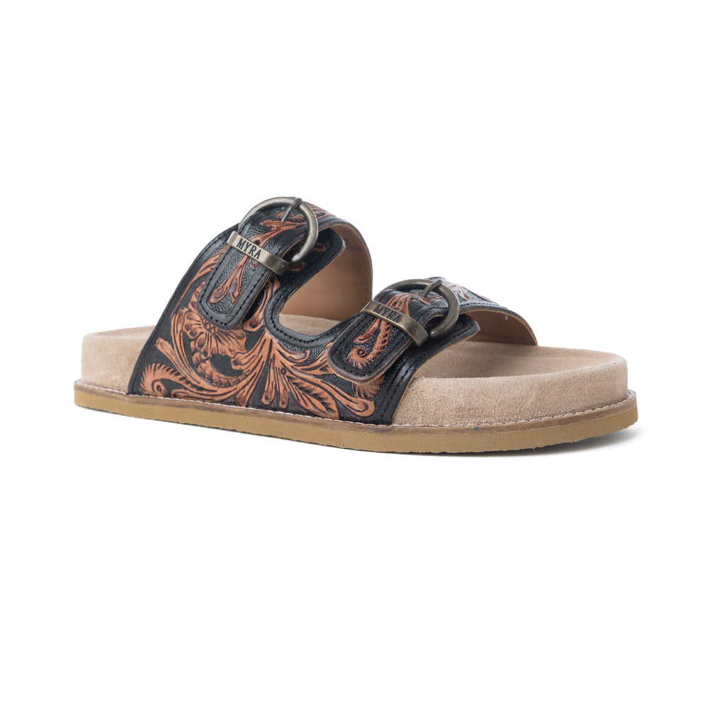 Myra Canyon Ember Handtooled Leather Sandals in Bronzed Brown
