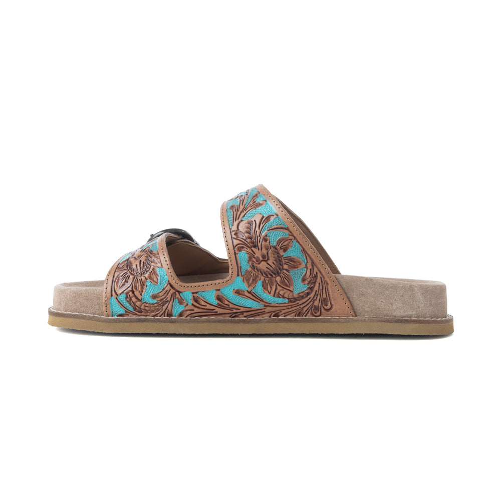 Myra Meadow Sky Handtooled Leather Sandals in Sagewave Blue