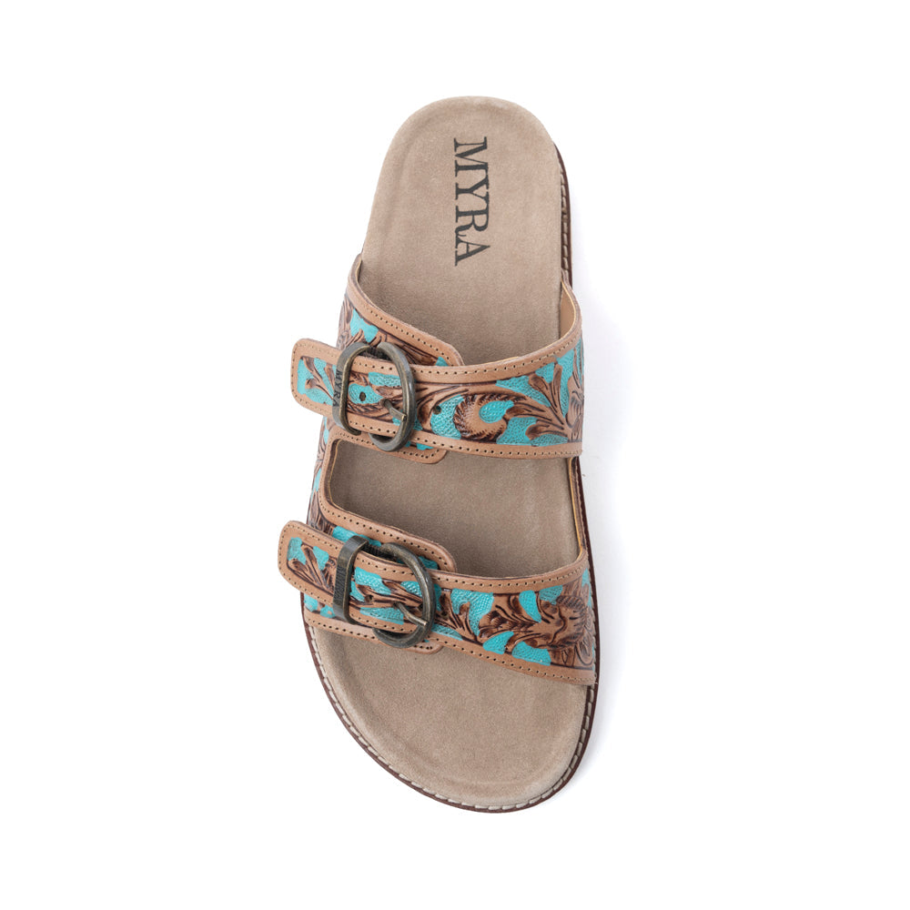 Myra Meadow Sky Handtooled Leather Sandals in Sagewave Blue