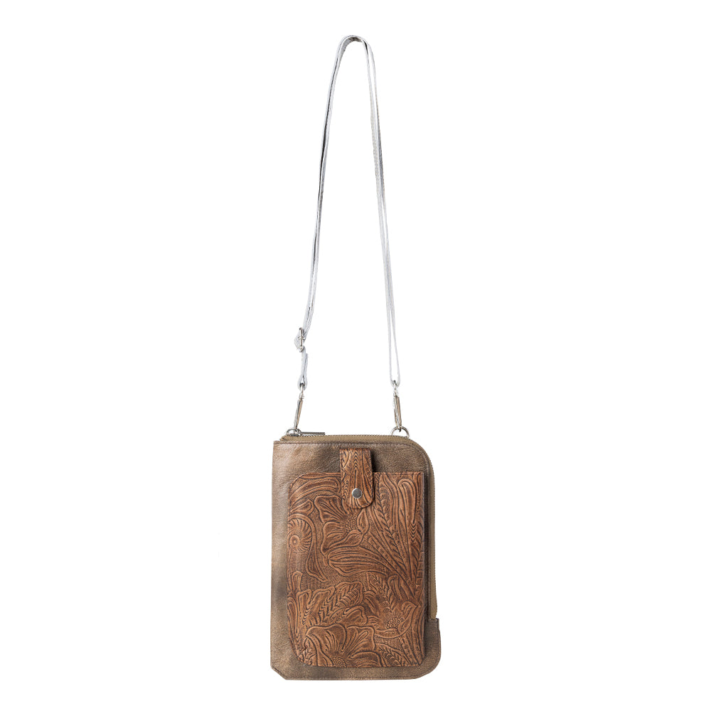 Myra Coyote Bloom Embossed mini sling for Women in walnut with floral detail