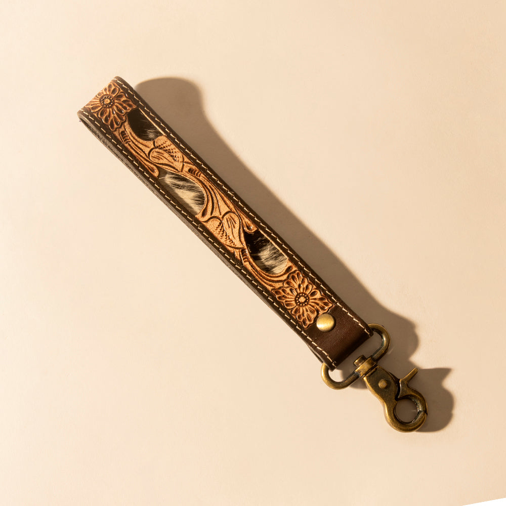 Myra Wildvine Pony Western Handtooled Key Fob in dark brown with hairon detail