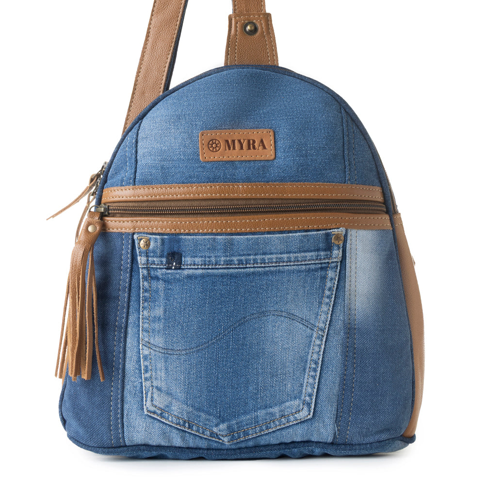 Myra Bluejean fanny pack bag for Women in blue with denim and Front Pocket