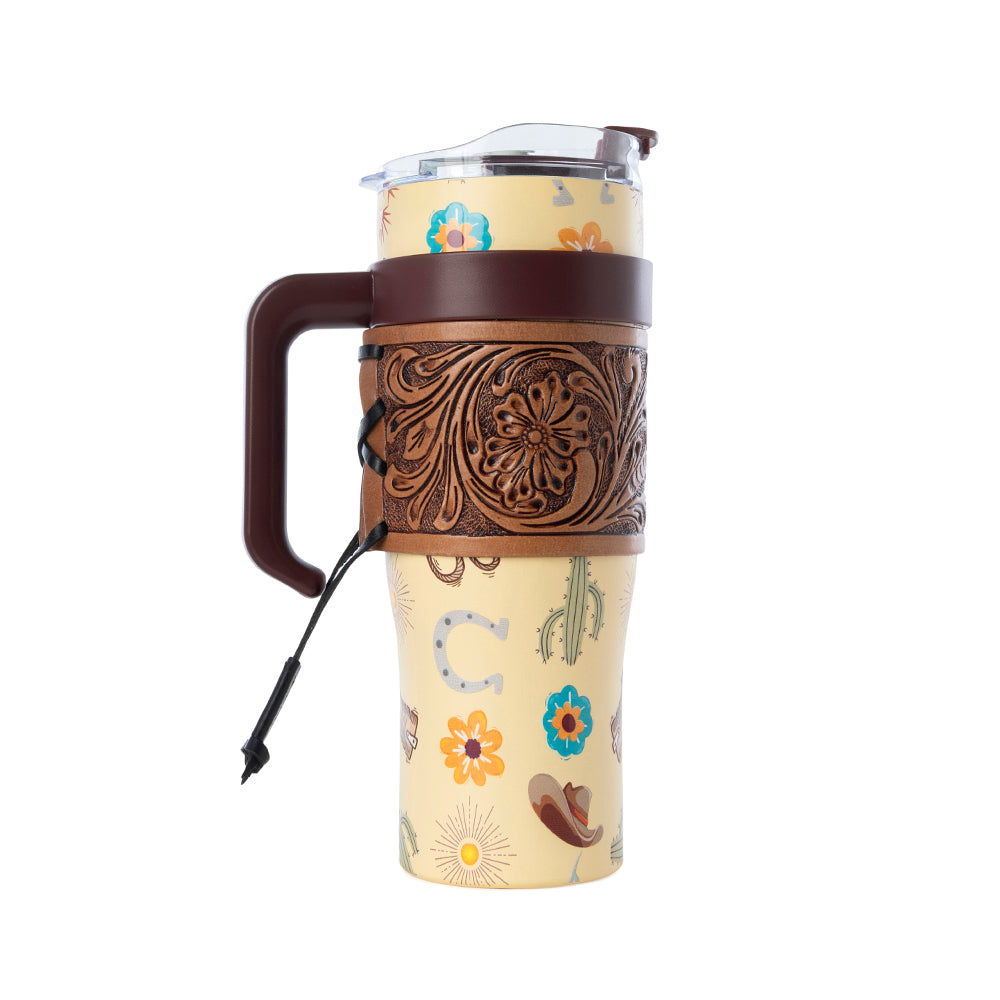 Myra Trailkissed Western Tumbler in Yellow Stainless Steel with Leather Wrap and Handle for Everyday Use