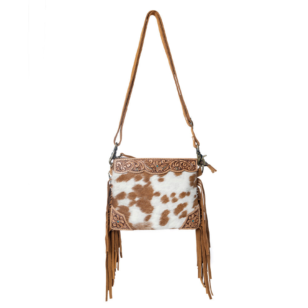 Myra Bourbon Trail Handtooled Bag for Women in brown with hairon and fringe detail