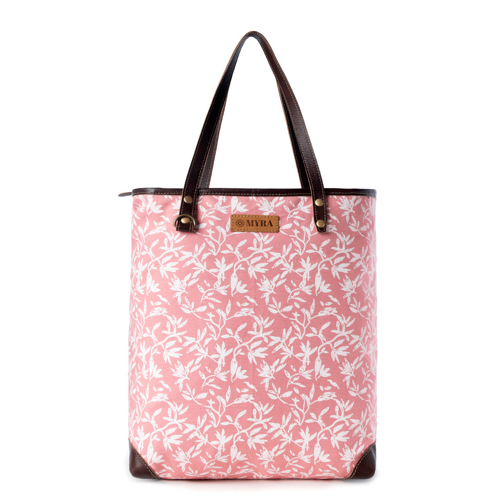 Myra Rose Vine Vintage Tote Bag for Women in pink with leather detail