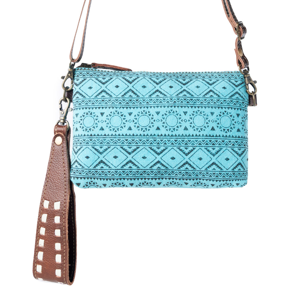 Myra Aztec Sky Cotton Belt Bag for Women in turquoise with leather detail