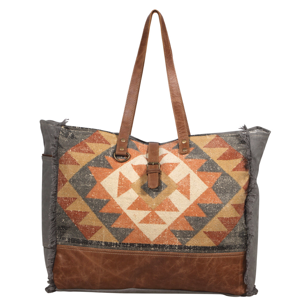 Myra Cosmopolitan Weekender Tote Bag Fringed Edges, Aztec Print Design with Buckle Flap Closure for Travel