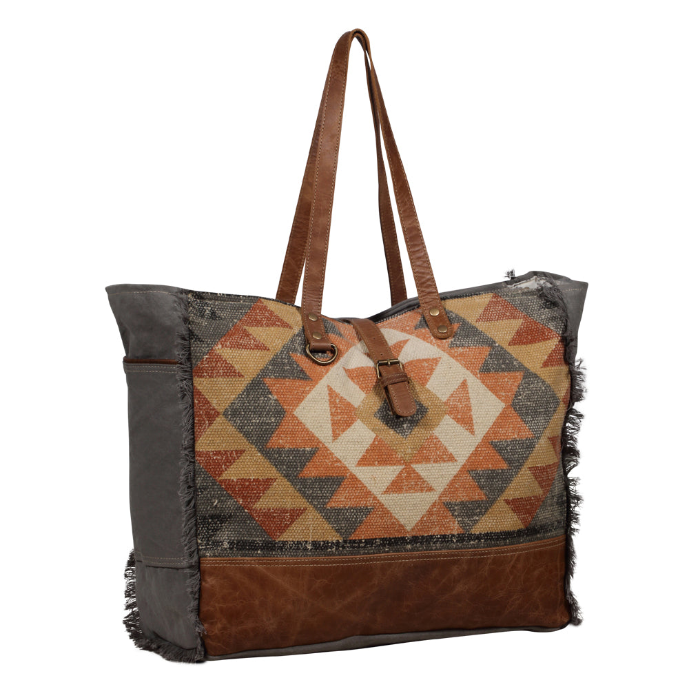 Myra Cosmopolitan Weekender Tote Bag Fringed Edges, Aztec Print Design with Buckle Flap Closure for Travel