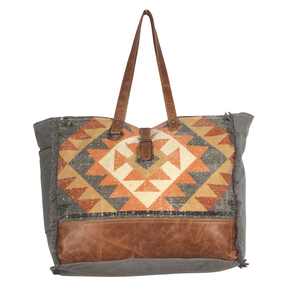 Myra Cosmopolitan Weekender Tote Bag Fringed Edges, Aztec Print Design with Buckle Flap Closure for Travel