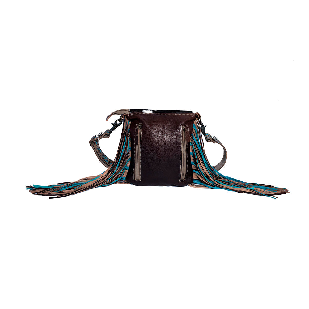 Myra Cobal Blue Concealed Carry Bag Hair-On Leather Crossbody with Embossed Turquoise Panel and Fringe Detailing